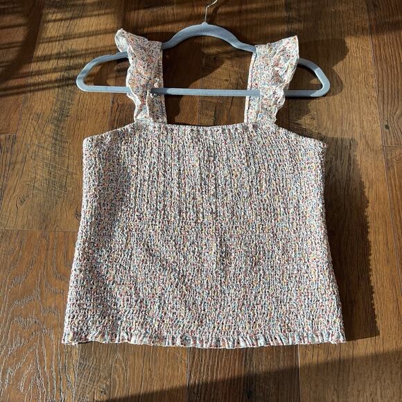 Old Navy Pink Ditsy Floral Smocked Cami Tank Top Ruffle Strap Boho Size L - Picture 7 of 7
